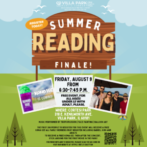 Summer Reading Program finale image with blue sky, green grass, and information about the Summer Reading Program finale including time, date, and location. 