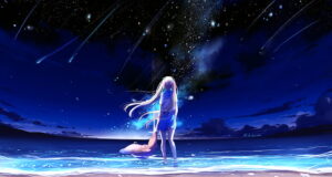 HD wallpaper: girl standing on beach under meteor shower on sky, Anime ...