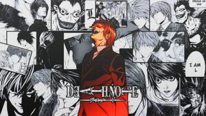 ID: background is black and white comic strips from the anime: Deathnote and in full color in the foreground includes one the main characters. 