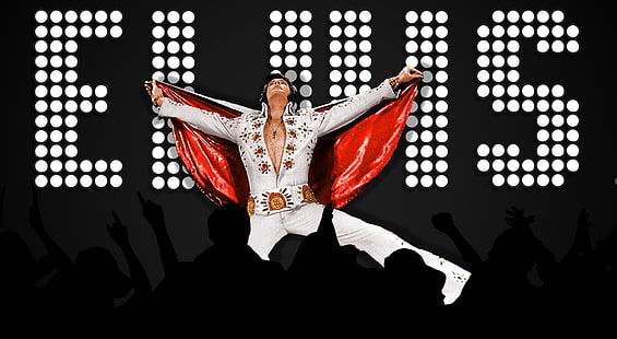 Elvis Presley on tour with ELVIS illuminated behind him