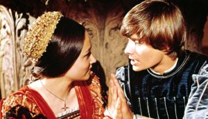 A movie still from Romeo & Juliet (1968), with Olivia Hussey as Juliet and Leonard Whiting as Romeo.