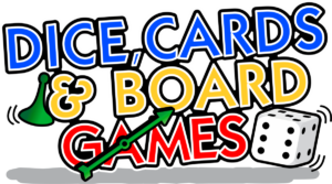 Dice, Cards & Board Games logo with the twister spinner, dice and the sorry players.