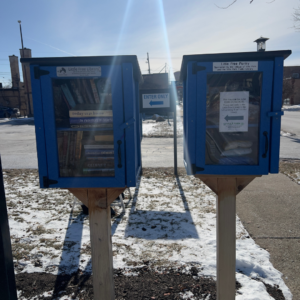 Little Free Library and Little Food Pantry located outside of the Villa Park Library