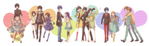 Multiple groups of anime siblings, all with rainbow colored hearts behind them.