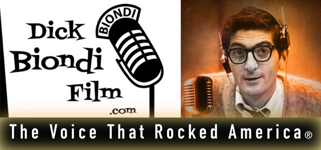 Dick Biondi Film: The Voice That Rocked AMerica. Photo of Dick Biondi is seen on the right. A microphone is in the center.