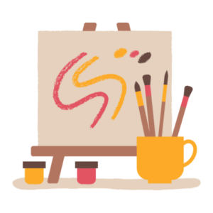 a mini beige art canvas, with two mini cans of yellow and red paint, and a yellow mug with paintbrushes in front.