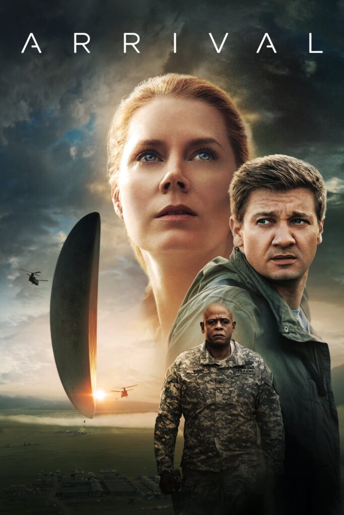 Main movie poster of Arrival, featuring Amy Adams, Jeremy Renner, and Forest Whitaker.