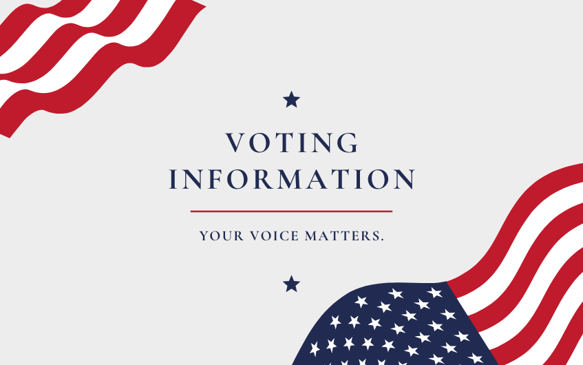 voting information, your voice matters. the USA flag is seen on both corners, top left and bottom right.